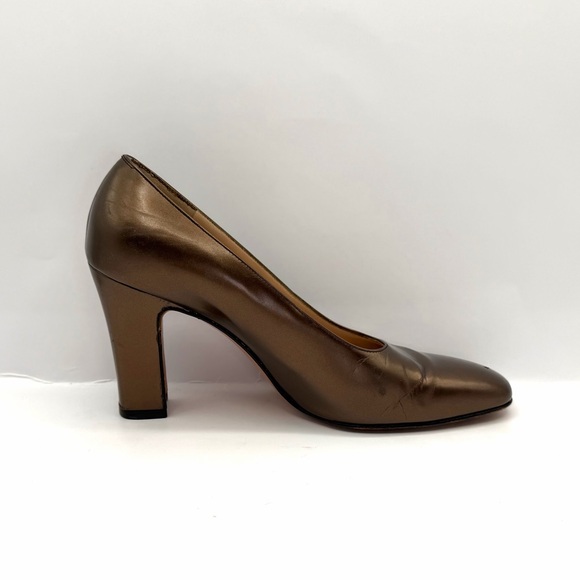 VINTAGE FERRAGAMO Pumps Block Heel US 6B Metallic Bronze Italian Luxury Collect. - Picture 5 of 8